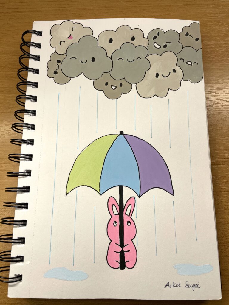 doodle of rabbit in the rain under umbrella