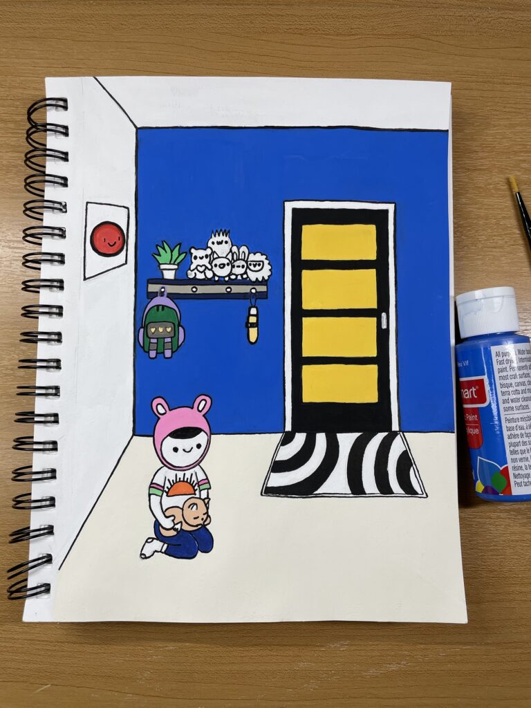 illustration of a girl with a cat on her lap on the floor by the front door