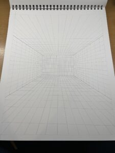 hand drawn 1 point perspective grid on mixed media paper
