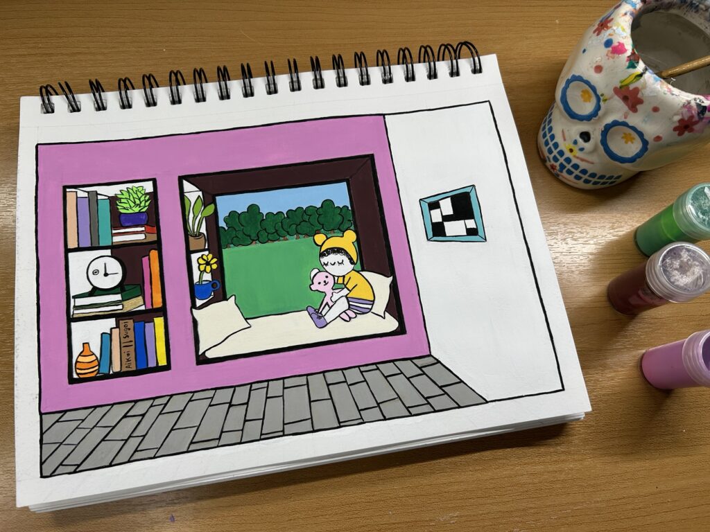 a doodle girl sits in a window seat cuddling her stuffed toy