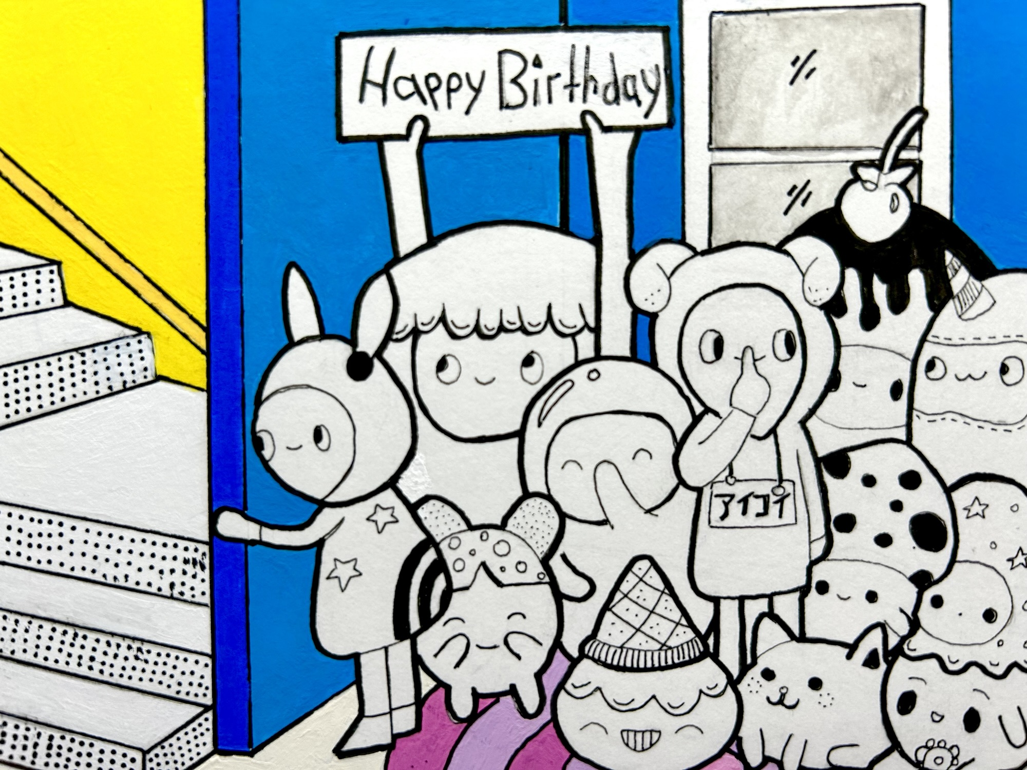 kawaii doodles stand behind wall waiting to surprise friend