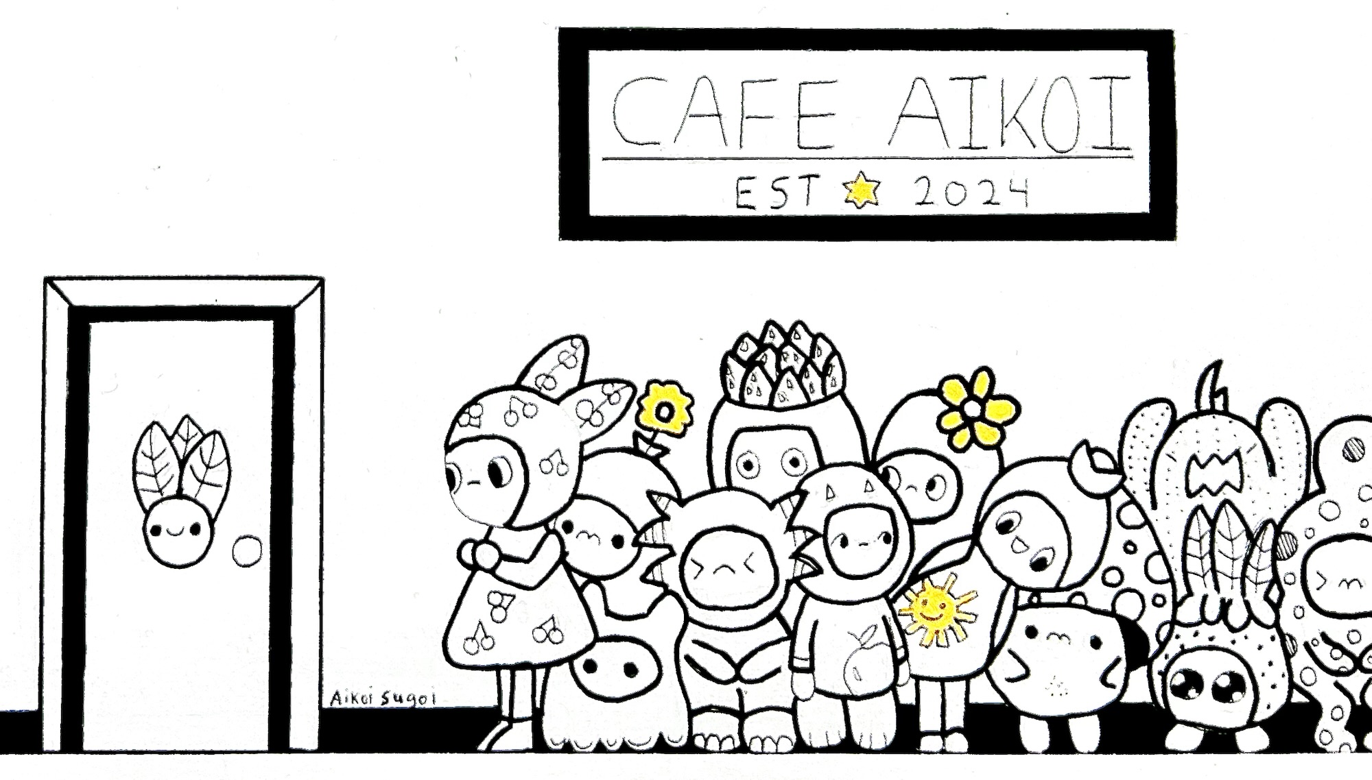 kawaii doodle characters waiting in line for bathroom