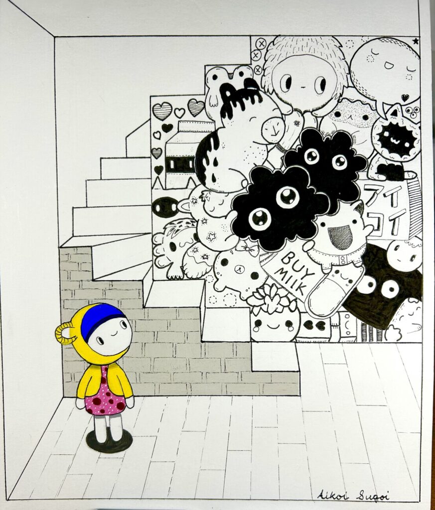 doodle girl stands staring at wall of kawaii doodles with staircase behind her