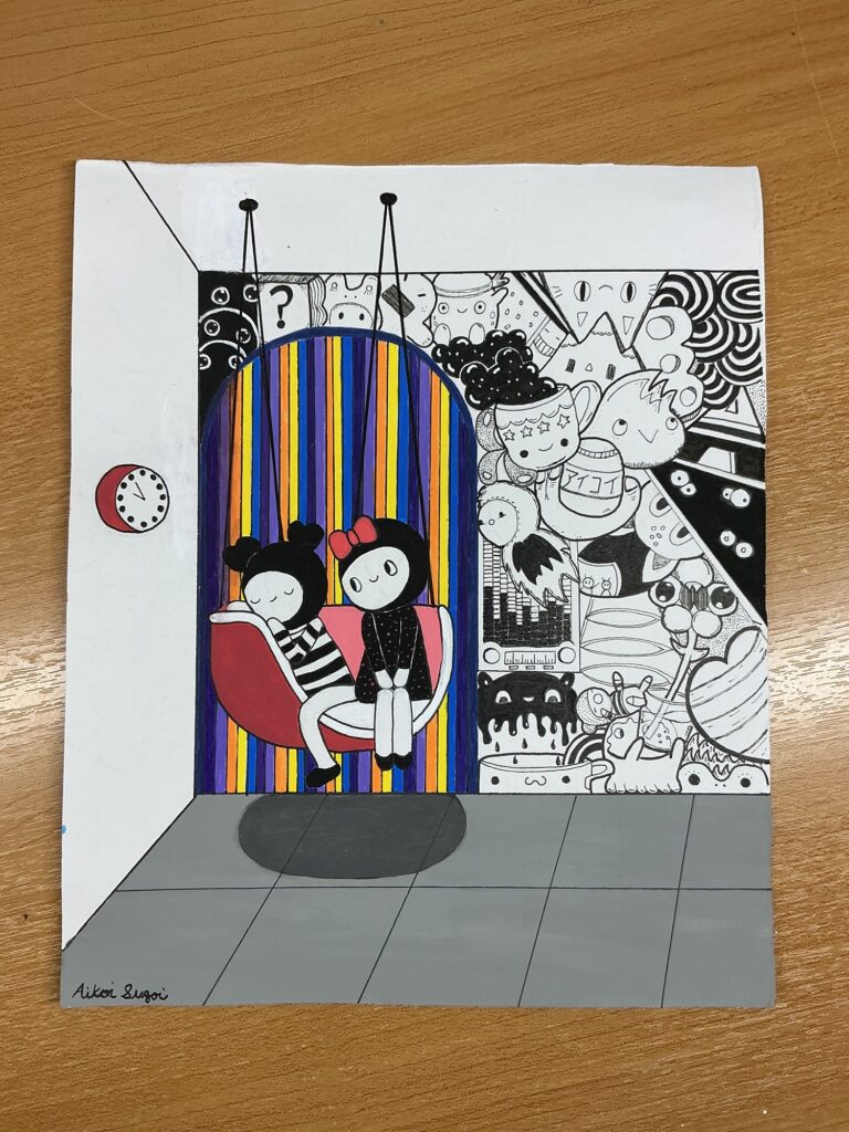 Two kawaii doodle characters sitting together in indoor basket swing with doodle wall behind them 