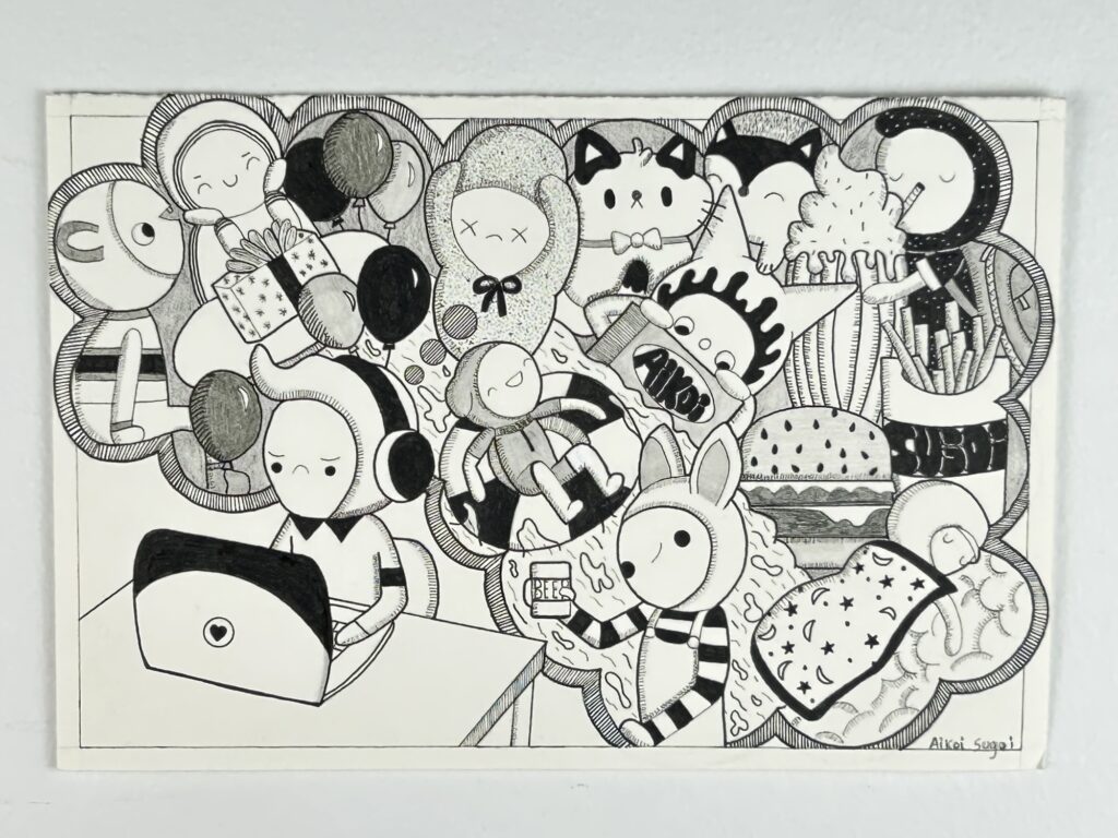 black and white doodle of boy working on computer while hie is thinking of many things